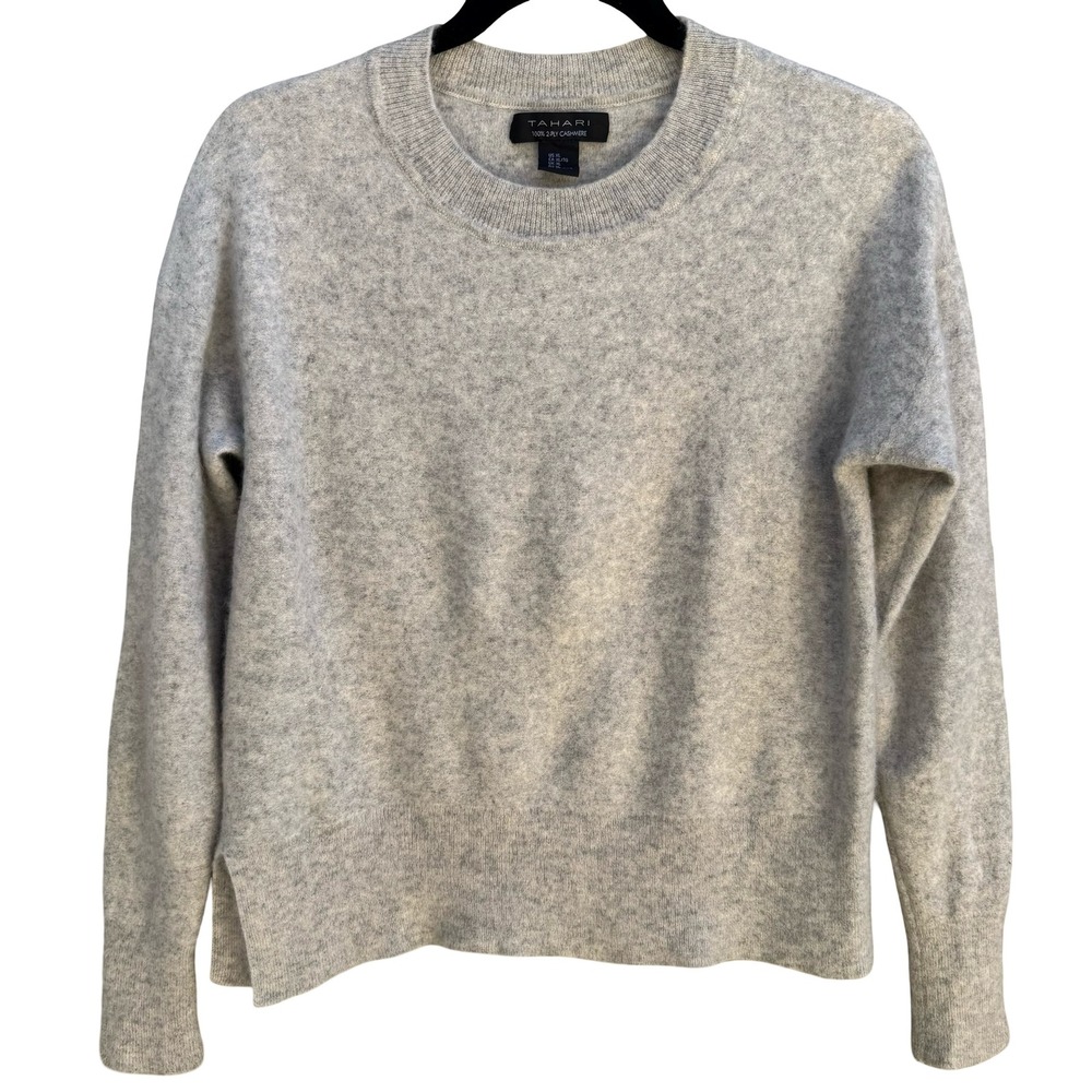 Tahari 100% 2-Ply Cashmere Soft Girl Sweater Minimalist Quiet Luxury Gray L